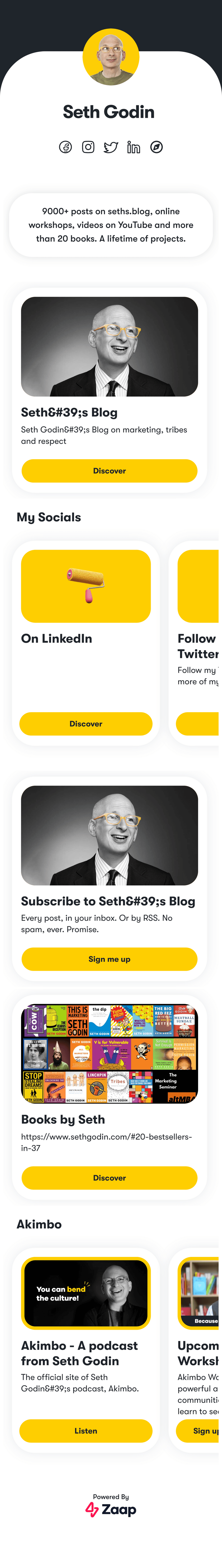 Seth Godin's Zaap page on a phone